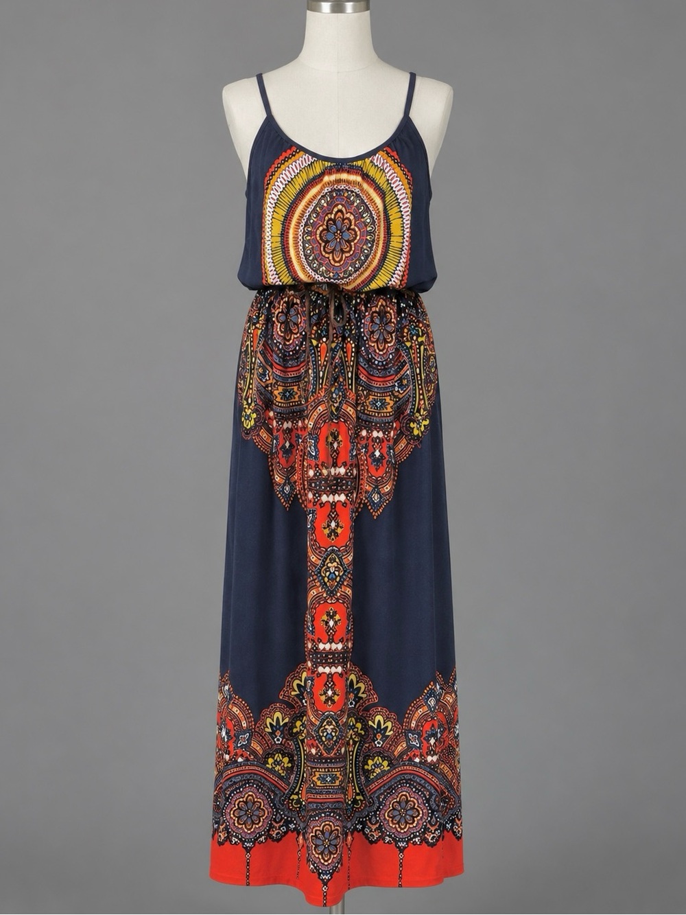 Arden B Paisley Boho Festival Spaghetti Strap Maxi Dress Belted S